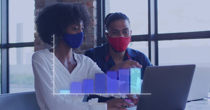 Image of statistics over diverse man and woman wearing face masks in restaurant
