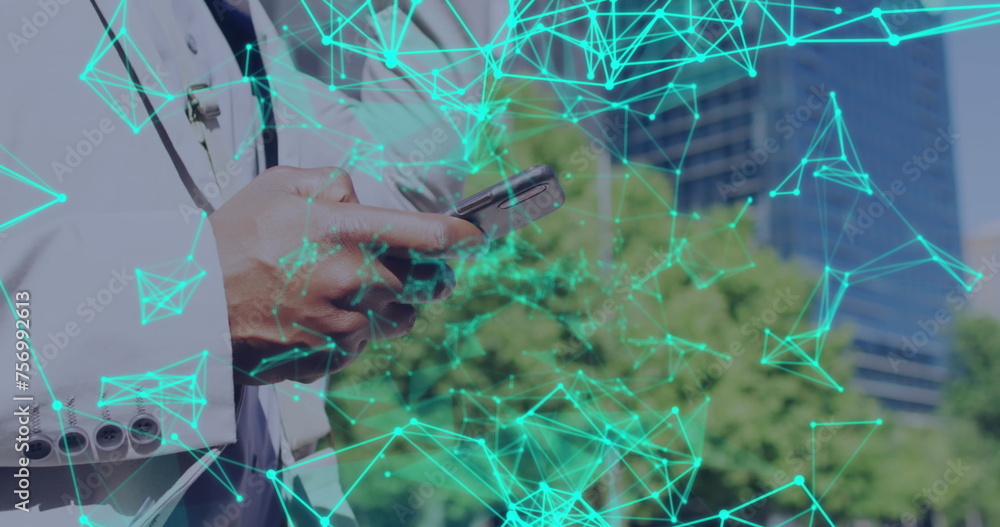 Poster image of connections and data processing over man using smartphone
