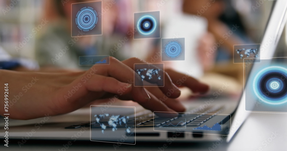 Aufkleber image of scopes scanning and data processing over woman using laptop