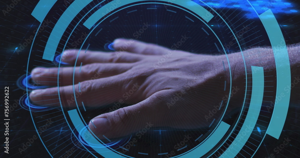 Poster image of biometric hand check, scopes and data processing on dark background