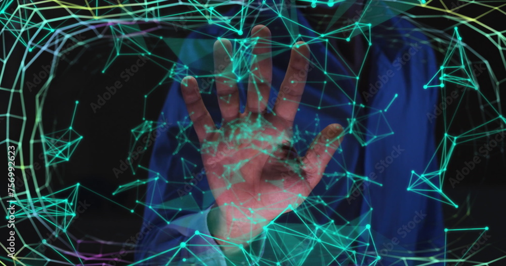 Poster image of biometric hand check, connections and data processing on dark background