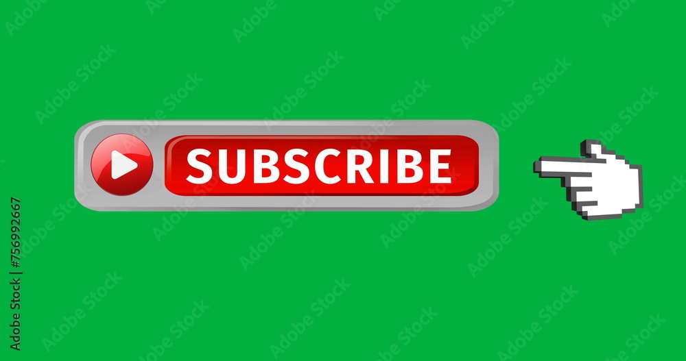 Poster digital image of the word subscribe and play icon with hand icon vector on the right pointing on it