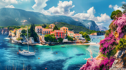 Colorful Greece Series: Colorful Assos with Beautiful Traditional Buildings and Vibrant Mediterranean Atmosphere, Travel Destination Postcard, Generative AI

 - obrazy, fototapety, plakaty