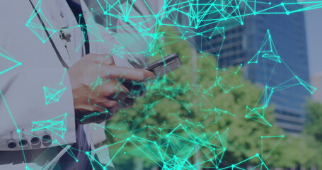 Image of connections and data processing over man using smartphone