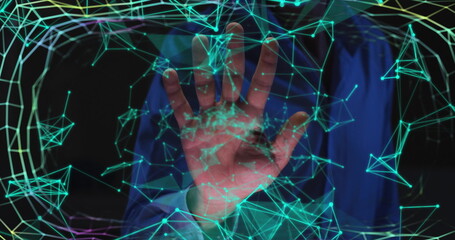 Image of biometric hand check, connections and data processing on dark background