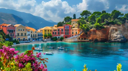 Fotobehang Colorful Greece Series: Colorful Assos with Beautiful Traditional Buildings and Vibrant Mediterranean Atmosphere, Travel Destination Postcard, Generative AI   © Muskan