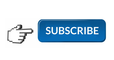 Blue subscription button with moving hand icon on white background in 4k.