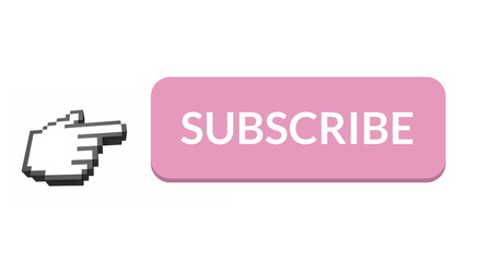 4K digital image of a pink subscribe button with animated hand icon on white.