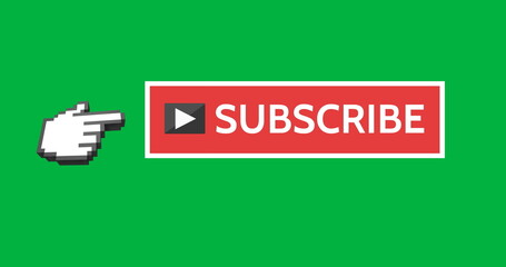 4K digital image of a red subscribe button with moving hand icon on green.