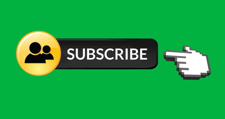 Digital image of black subscription button with yellow people icon attached on the left