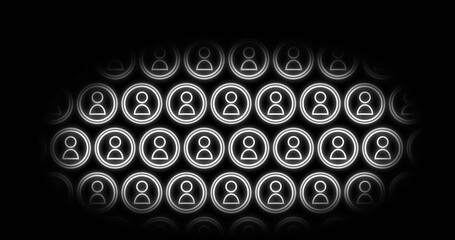 Vector icons depict stationary and left-moving people in an oval motion on a 4k black background.