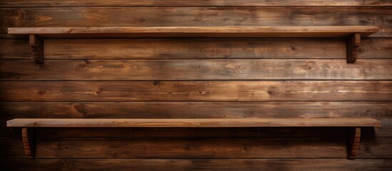 Naklejka premium Three brown hardwood shelves made of wood planks against a wooden wall, showcasing a beautiful wood stain and creating a rustic look
