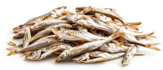 Dried fish or anchovy stack on white background - obrazy, fototapety, plakaty