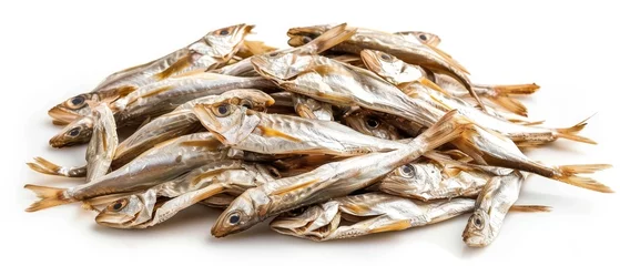 Foto op Aluminium Dried fish or anchovy stack on white background © The Big L