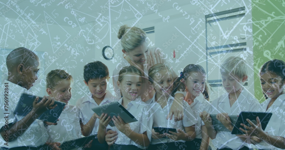 Poster image of school children using tablets over mathematical equations and grid