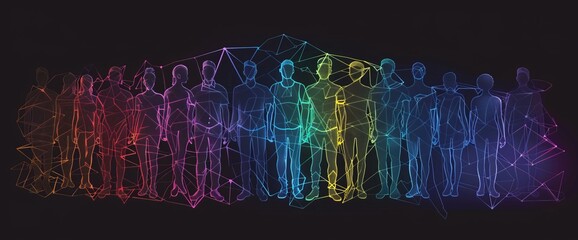 Neon Human Connections: Group of People Represented by Neon Line Against Black Background