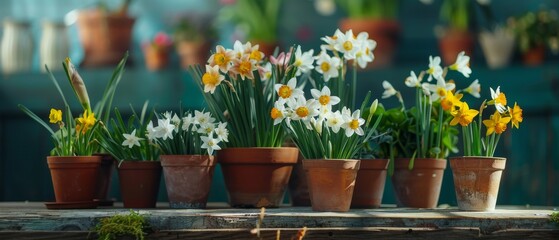 Easter decor with spring flowers narcissus blooming in garden pots Celebrating Easter Happy Easter - obrazy, fototapety, plakaty