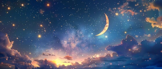 Obraz na płótnie Canvas Eid background with moon and stars holy month Ramadan light above
