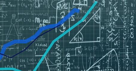 Image of blue lines recording over mathematical equations and grid