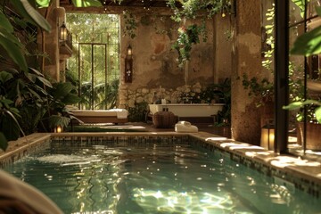 Tranquil Indoor Oasis with Pool Amidst Lush Greenery.