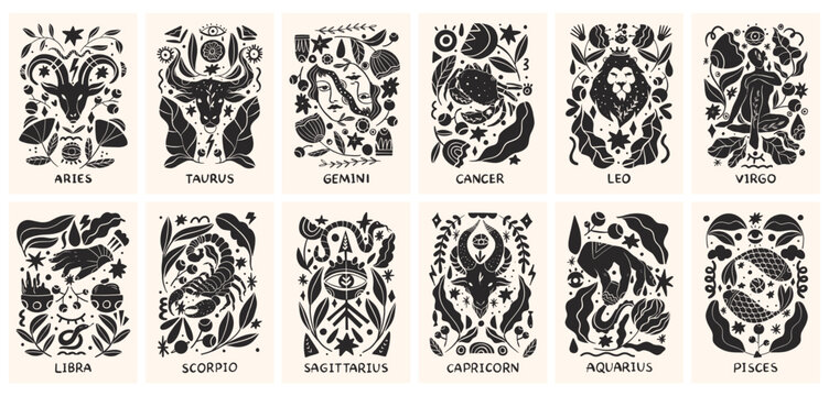 Zodiac signs in Linocut style. Hand drawn vector illustration.