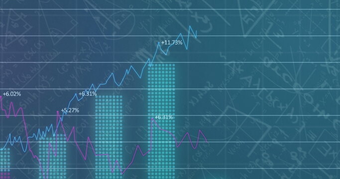 Image of lines and statistics recording over mathematical equations