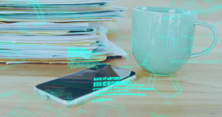 Image of data processing over papers and smartphone