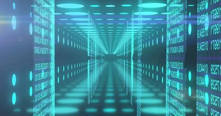 Photo sur Plexiglas Tunnel Image of binary coding and data processing over neon tunnel