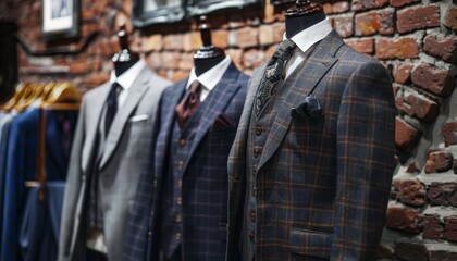 Expensive suits on mannequin isolated on brick