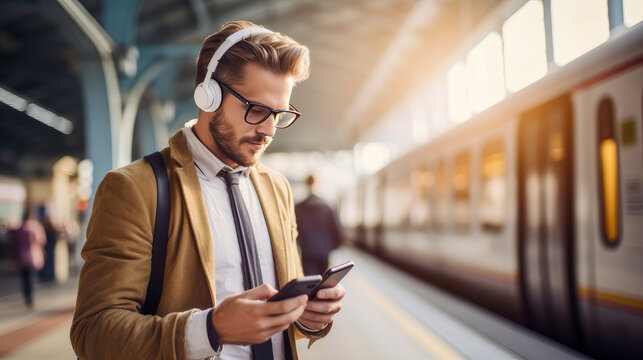 Caucasian man with phone in hands at railway station