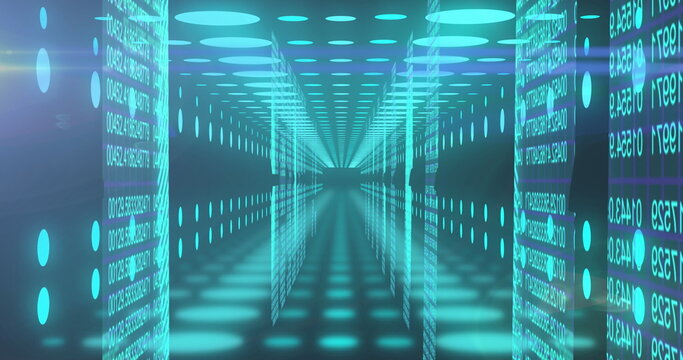 Image of binary coding and data processing over neon tunnel