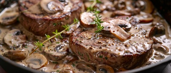 Fototapeta na wymiar Filet Mignon with Mushroom Wine Sauce Two steaks in creamy mushrooms served in cast iron with thyme
