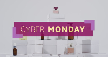 Image of cyber monday text over gift boxes and beauty products