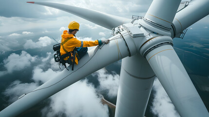 Technician is inspecting a wind power generating machine