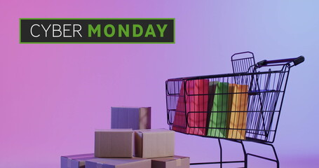 Image of cyber monday text over shopping trolley, bags and boxes