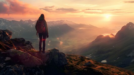 Woman Conquering Mountain Peak at Sunset Overlooking Vibrant Valley - obrazy, fototapety, plakaty