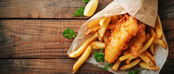 Fish and chips served in paper on a table - obrazy, fototapety, plakaty