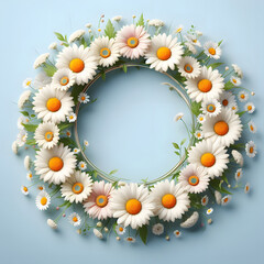 Daisy flower frame, isolated on  a blue background, Spring Frame