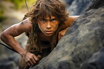 Portrait of a teenage Neanderthal boy practicing hunting skills amidst the rugged terrain, displaying resilience and focus