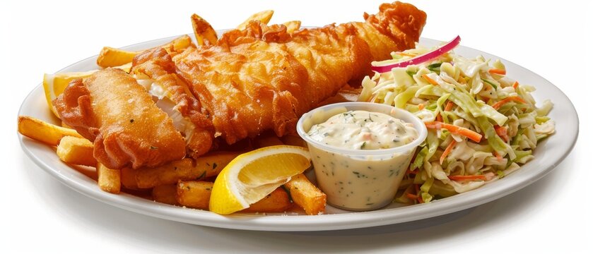 Fish and chips served with lemon tartar sauce and coleslaw on the side