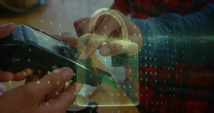 Image of network security padlock over people using payment terminal - Powered by Adobe