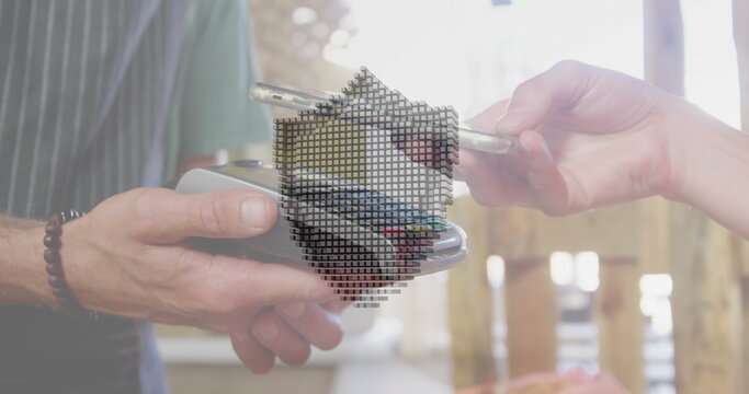 Image of network security padlock over people using payment terminal