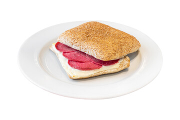 Salami and cheddar sandwich on white porcelain plate on white background