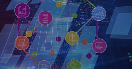 Image of network of connections with digital icons and data processing