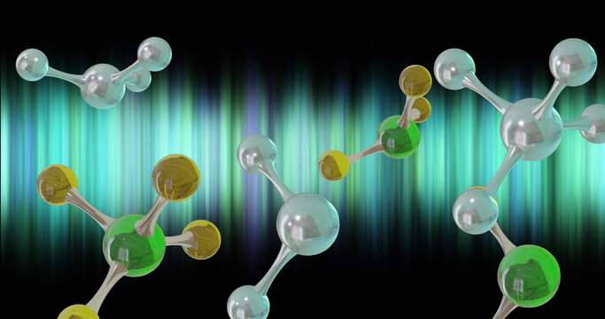 Image of micro of molecules models and light trails over black background