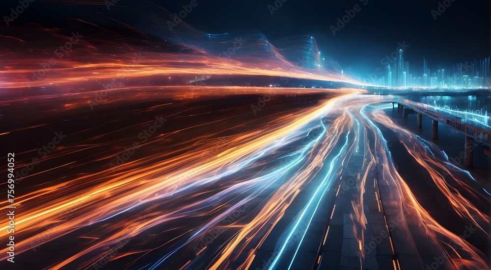 Poster abstract contemporary high-speed light trails against a panoramic backdrop, representing a quick dat