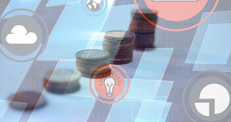 Image of digital icons over stacks of coins and binary coding in background