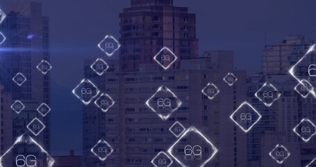 Image of network of connections with 6g text over cityscape