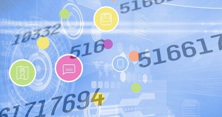 Image of numbers changing, digital icons over scopes scanning on blue background
