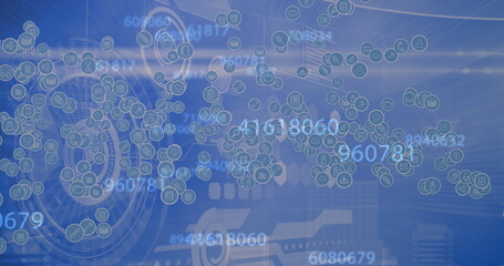 Image of digital icons, numbers changing and scopes scanning on blue background